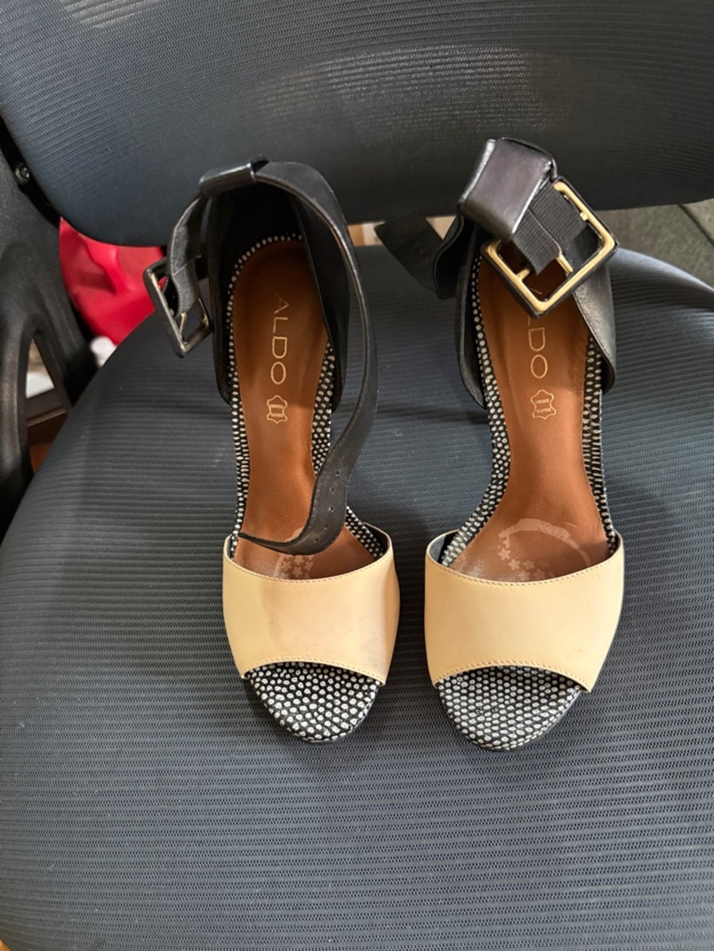 ALDO Beige and Black Open-Toe Ankle-Strap Heels